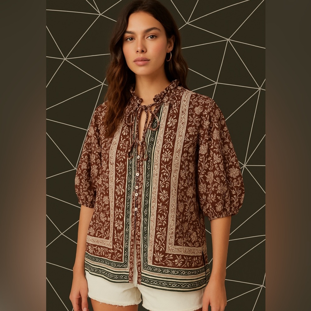 🌺👚Free People Border Batik Buttondown Top Blouse – S 8 10 2025 Trendy